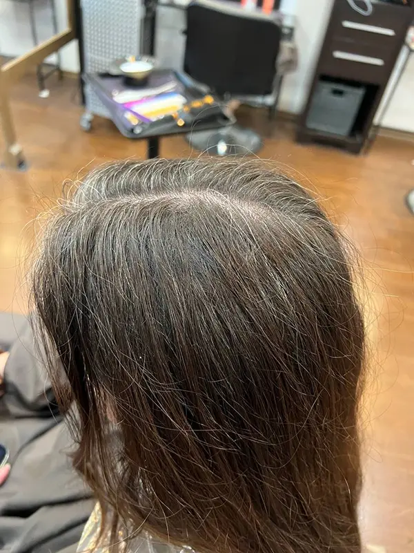 Before a full hair color service showing natural brown hair at CocoRez in Port Coquitlam.