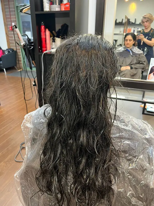 Before hair botox treatment showing dry, frizzy, textured hair before the restorative treatment at CocoRez in Port Coquitlam.